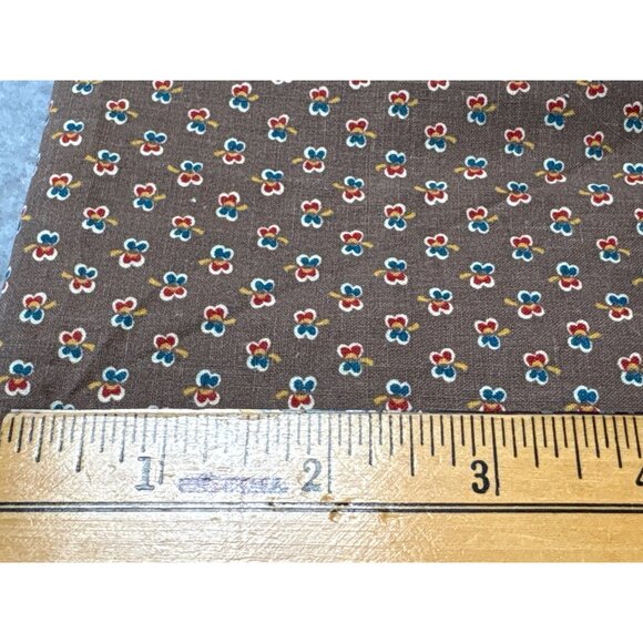 Vintage Brown Floral Cotton Fabric 10" x 28" Small Red Blue Yellow Flowers Quilt - Picture 3 of 6